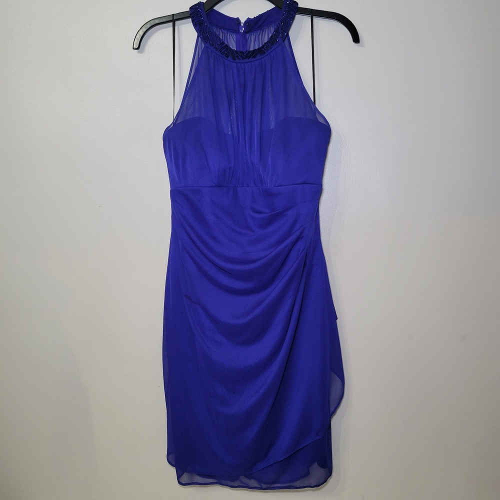 Scarlett Womens Royal Blue Beaded High Neck Ruched Cocktail Dress Size 8